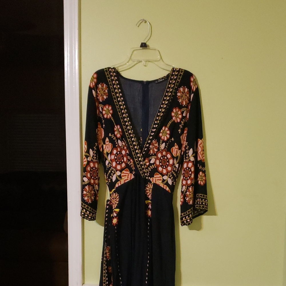 SHEIN Black Dress with Orange Floral Embroidery